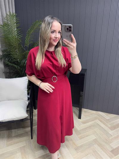 Alya Gümüş Tokalı Tasarım Elbise Kırmızı