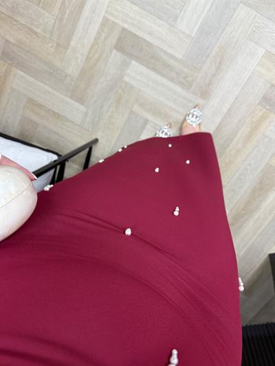 Amanda İnci Detaylı Tasarım Kalem Elbise Bordo