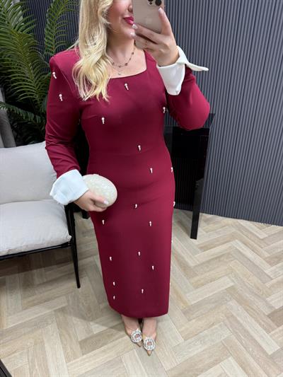 Amanda İnci Detaylı Tasarım Kalem Elbise Bordo