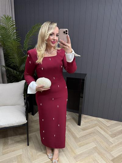 Amanda İnci Detaylı Tasarım Kalem Elbise Bordo