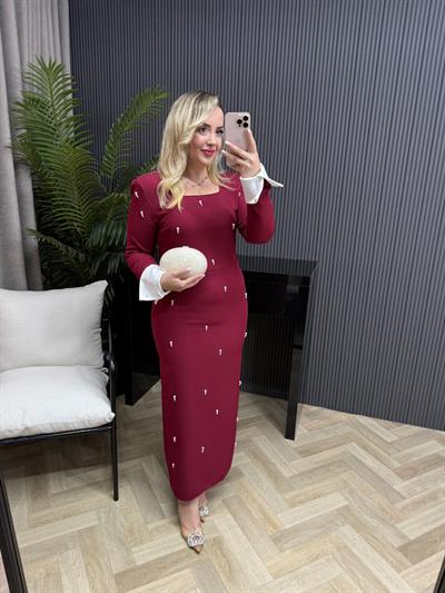 Amanda İnci Detaylı Tasarım Kalem Elbise Bordo