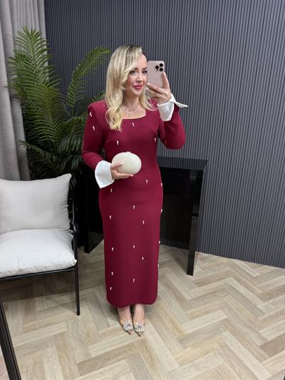 Amanda İnci Detaylı Tasarım Kalem Elbise Bordo