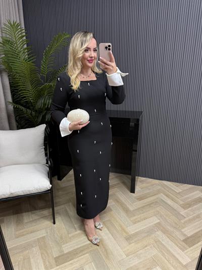 Amanda İnci Detaylı Tasarım Kalem Elbise Siyah