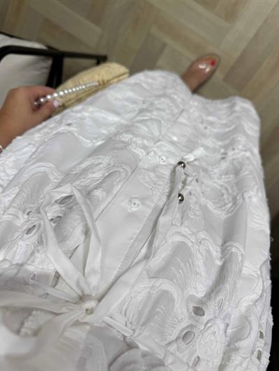 Amara Belden Büzgülü Brode Beyaz Tasarım Elbise