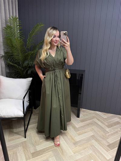 Amber Bel Bağlama Detaylı Orj Marka Model Elbise Haki