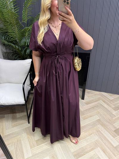 Amber Bel Bağlama Detaylı Orj Marka Model Elbise Mürdüm