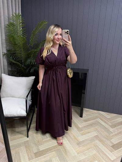 Amber Bel Bağlama Detaylı Orj Marka Model Elbise Mürdüm