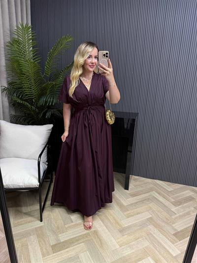 Amber Bel Bağlama Detaylı Orj Marka Model Elbise Mürdüm