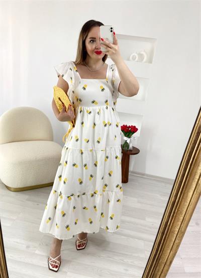 Ananas Desen Beyaz Tasarım Elbise