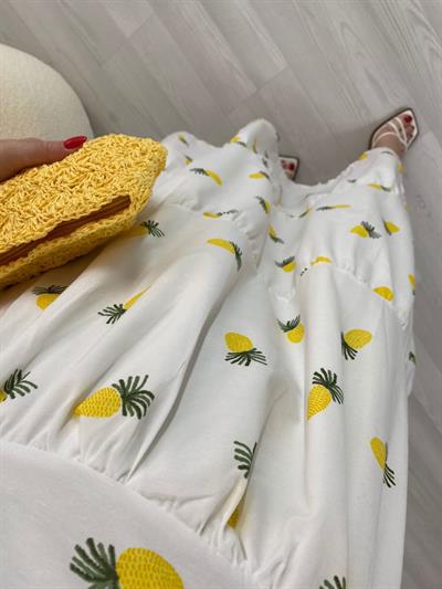 Ananas Desen Beyaz Tasarım Elbise