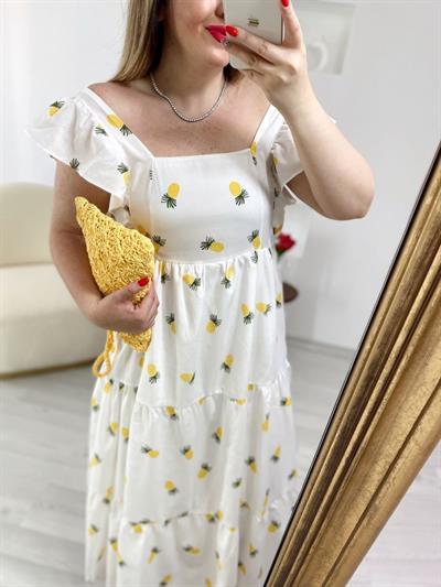 Ananas Desen Beyaz Tasarım Elbise