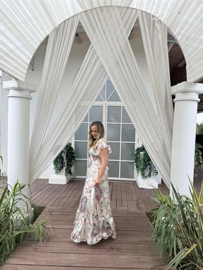 Angel İpek Saten İthal Beli Lastıklı Tasarım Elbise Ekru