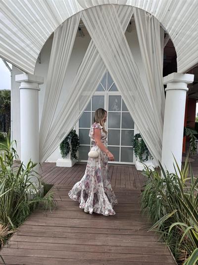 Angel İpek Saten İthal Beli Lastıklı Tasarım Elbise Ekru