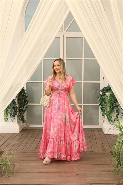 Angel İpek Saten İthal Beli Lastıklı Tasarım Elbise Pembe