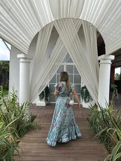 Angel İpek Saten İthal Beli Lastıklı Tasarım Elbise Su Yeşili