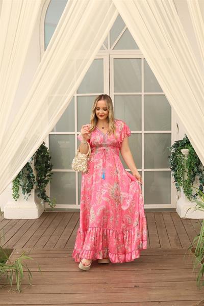 Angel İpek Saten İthal Beli Lastıklı Tasarım Elbise Pembe