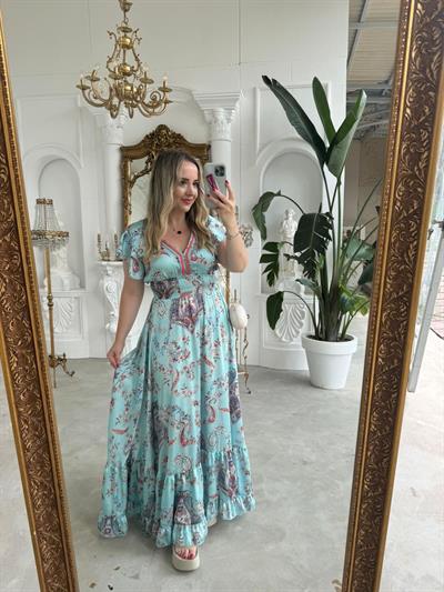 Angel İpek Saten İthal Beli Lastıklı Tasarım Elbise Su Yeşili