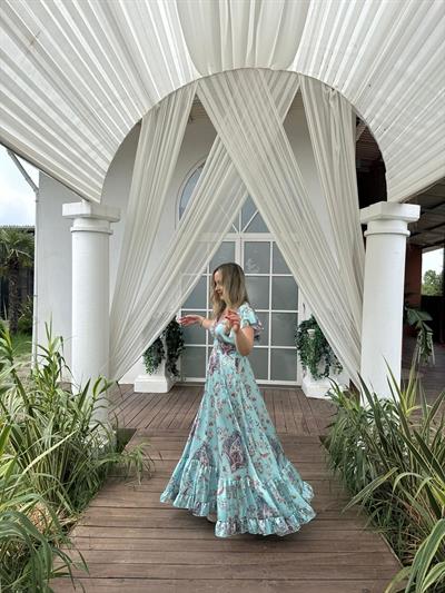 Angel İpek Saten İthal Beli Lastıklı Tasarım Elbise Su Yeşili