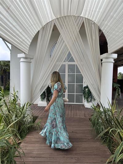 Angel İpek Saten İthal Beli Lastıklı Tasarım Elbise Su Yeşili