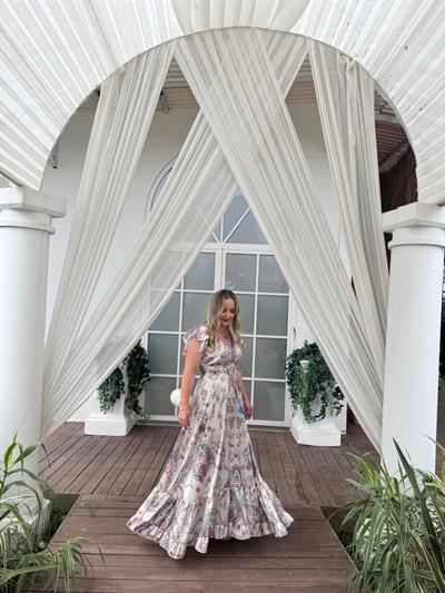 Angel İpek Saten İthal Beli Lastıklı Tasarım Elbise Ekru