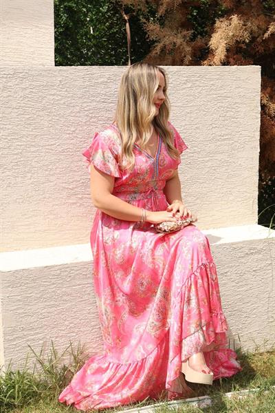 Angel İpek Saten İthal Beli Lastıklı Tasarım Elbise Pembe