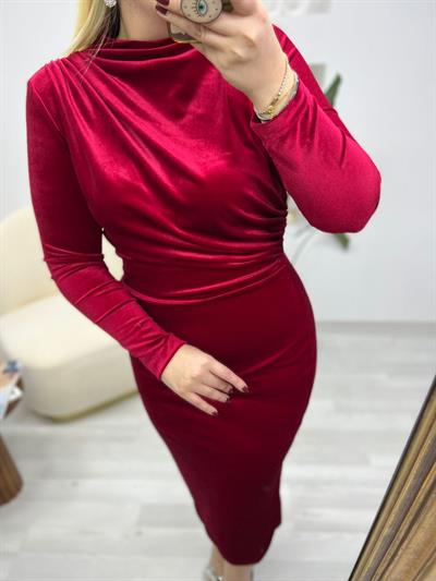 Angela Kadife Bel Drapeli Elbise Kirmizi