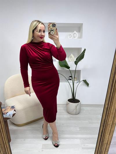 Angela Kadife Bel Drapeli Elbise Kirmizi