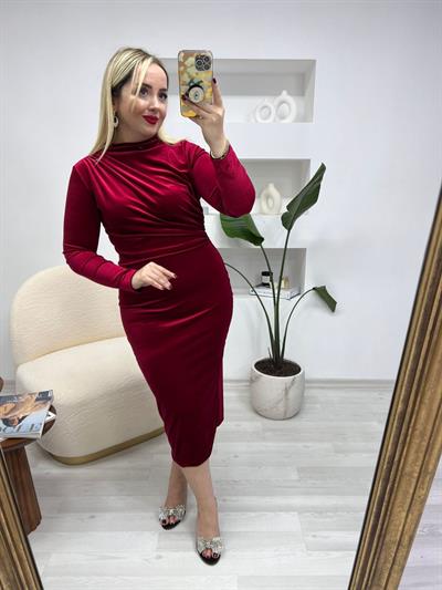Angela Kadife Bel Drapeli Elbise Kirmizi