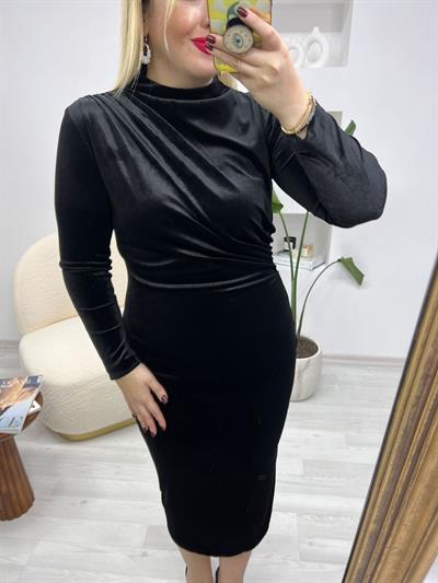 Angela Kadife Bel Drapeli Elbise Siyah