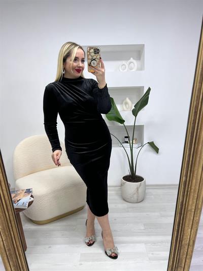 Angela Kadife Bel Drapeli Elbise Siyah