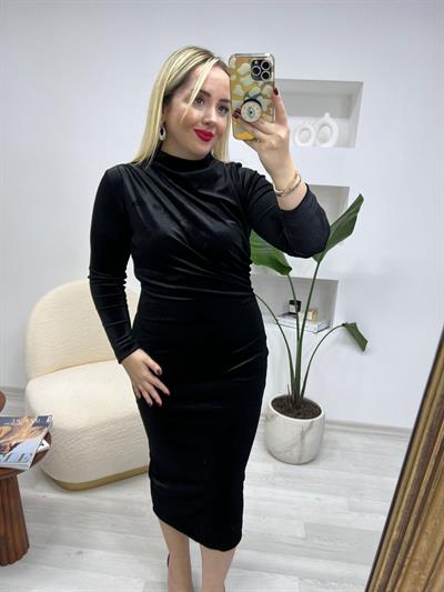 Angela Kadife Bel Drapeli Elbise Siyah