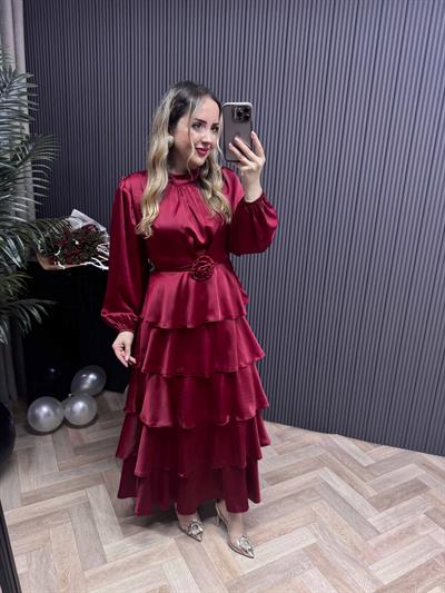 Annabel Katkat Gül Detaylı Özel Saten Kumaş Elbise Bordo