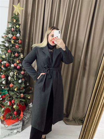 Antrasit Renk Kuşaklı Kaşe Kaban