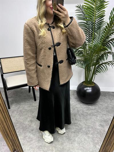 Aplikeli Kürklü Palto Camel