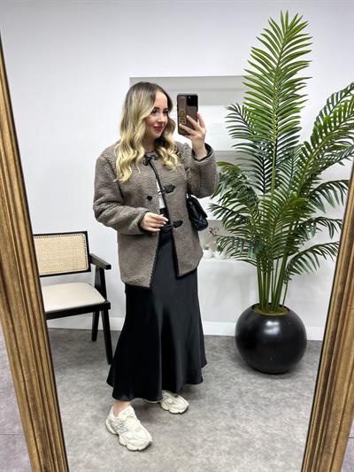 Aplikeli Kürklü Palto Gri