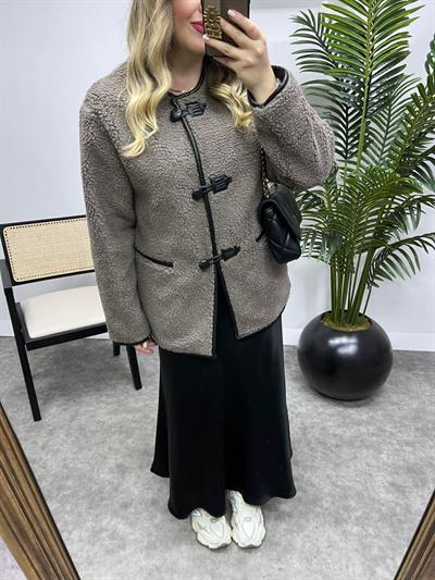 Aplikeli Kürklü Palto Gri