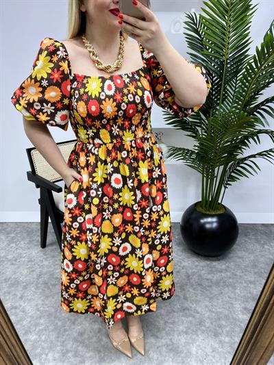 Aren Prensesn Model Balon Kol Acı Kahve Desenli