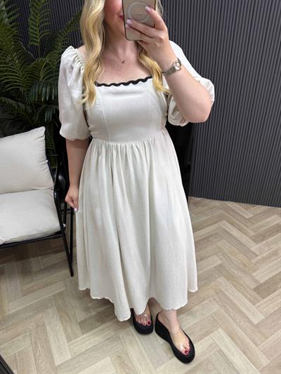 Arkadan Bağlamalı Bel Dekolteli Balon Kol Keten Elbise Beyaz