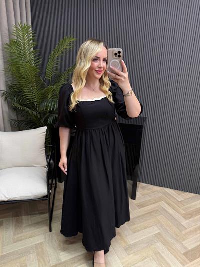 Arkadan Bağlamalı Bel Dekolteli Balon Kol Keten Elbise Siyah