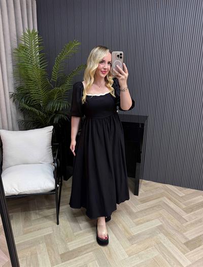 Arkadan Bağlamalı Bel Dekolteli Balon Kol Keten Elbise Siyah