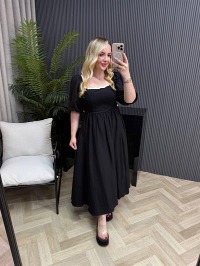 Arkadan Bağlamalı Bel Dekolteli Balon Kol Keten Elbise Siyah