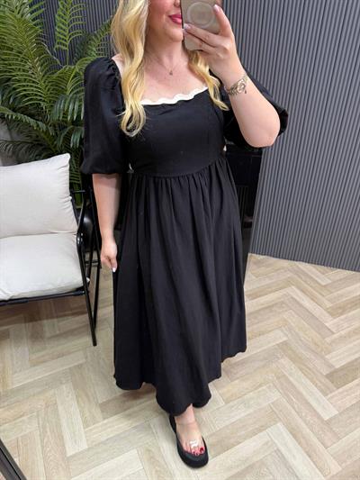 Arkadan Bağlamalı Bel Dekolteli Balon Kol Keten Elbise Siyah