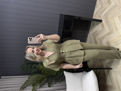 Arya Belden Oturan Ceketlı Tasarım Keten Takım Haki 