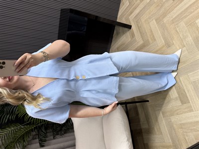 Arya Belden Oturan Ceketlı Tasarım Keten Takım Bebek Mavi