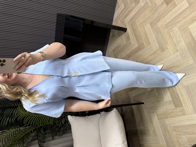 Arya Belden Oturan Ceketlı Tasarım Keten Takım Bebek Mavi