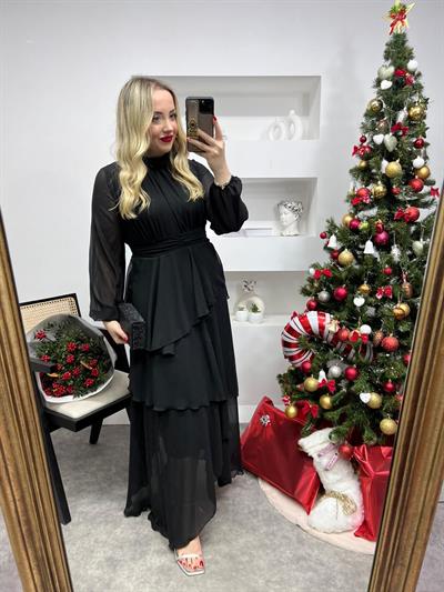 Asimetrik Etek Detaylı Şifon Tasarım Elbise Siyah