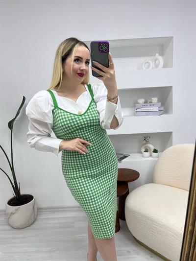 Askılı Yeşil Desenli Triko Elbise