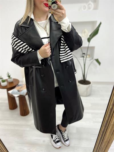 Astarlı Deri Trenç Siyah