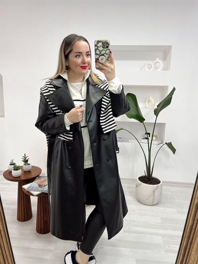 Astarlı Deri Trenç Siyah