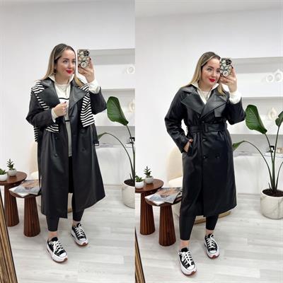 Astarlı Deri Trenç Siyah